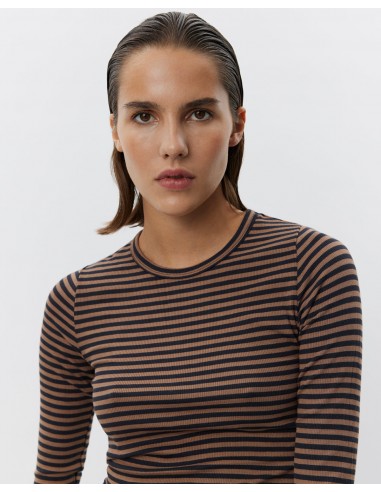 PETRICIASW STRIPE T-SHIRT LONG SLEEVE - Light Brown Black striped Fin de série